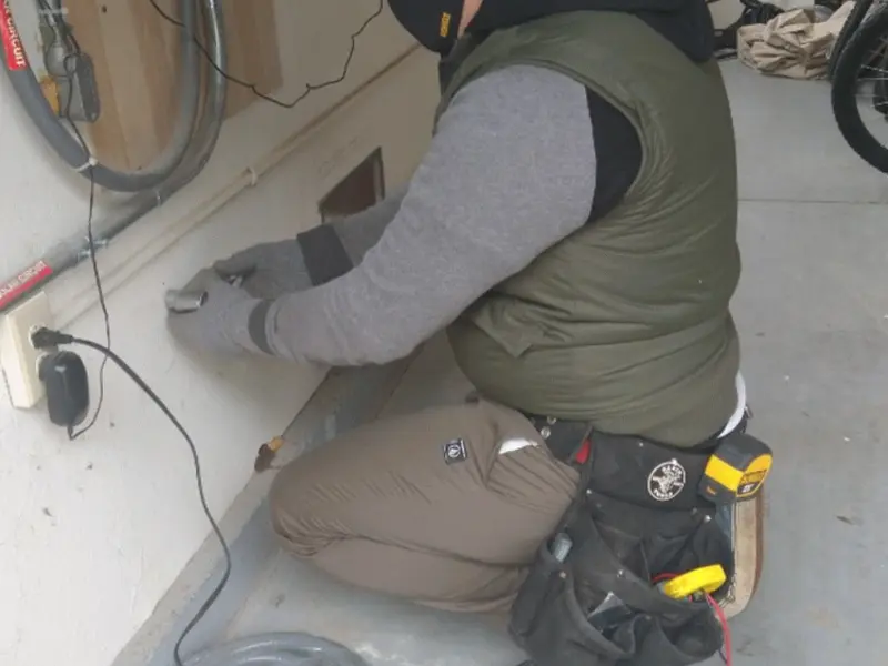 Electrician performing outlet wiring in a Nags Head garage